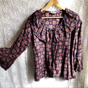 VTG horse race print cape collar button down blouse